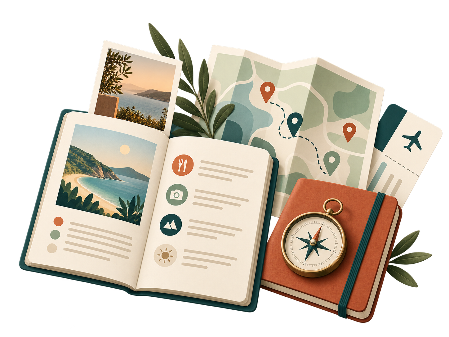 Ilustração de planeamento de viagem com guia, mapa, pins, caderno, bússola e bilhete